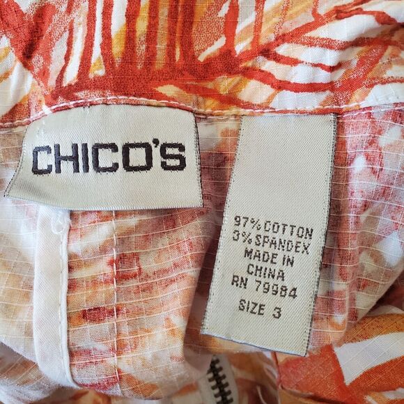 Chicos 3 Womens Sz XL/16 Orange Leaf Tropical Palm Full Zip Lightweight Jacket - Picture 2 of 16
